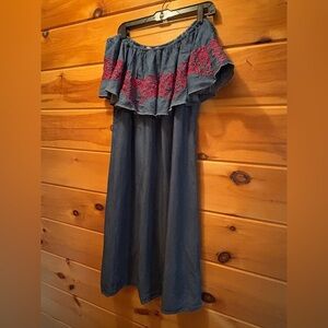 Philosophy Denim Blue Off-Shoulder Dress with Pink Embroidery